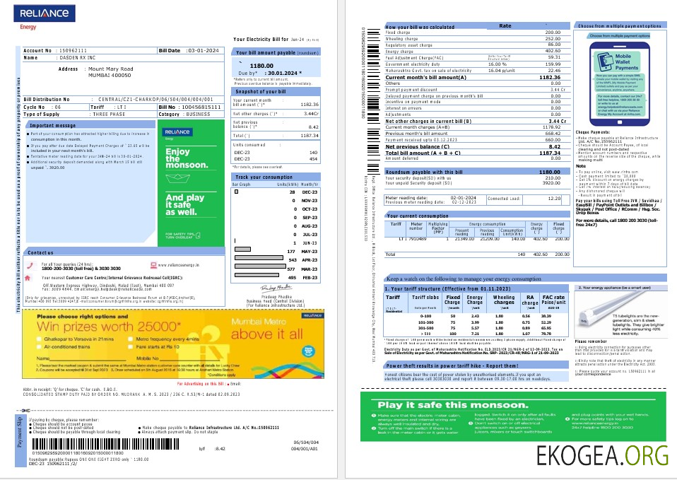 Modèle Word et PDF de facture de services publics de Reliance Energy pour l'Inde, 2 pages